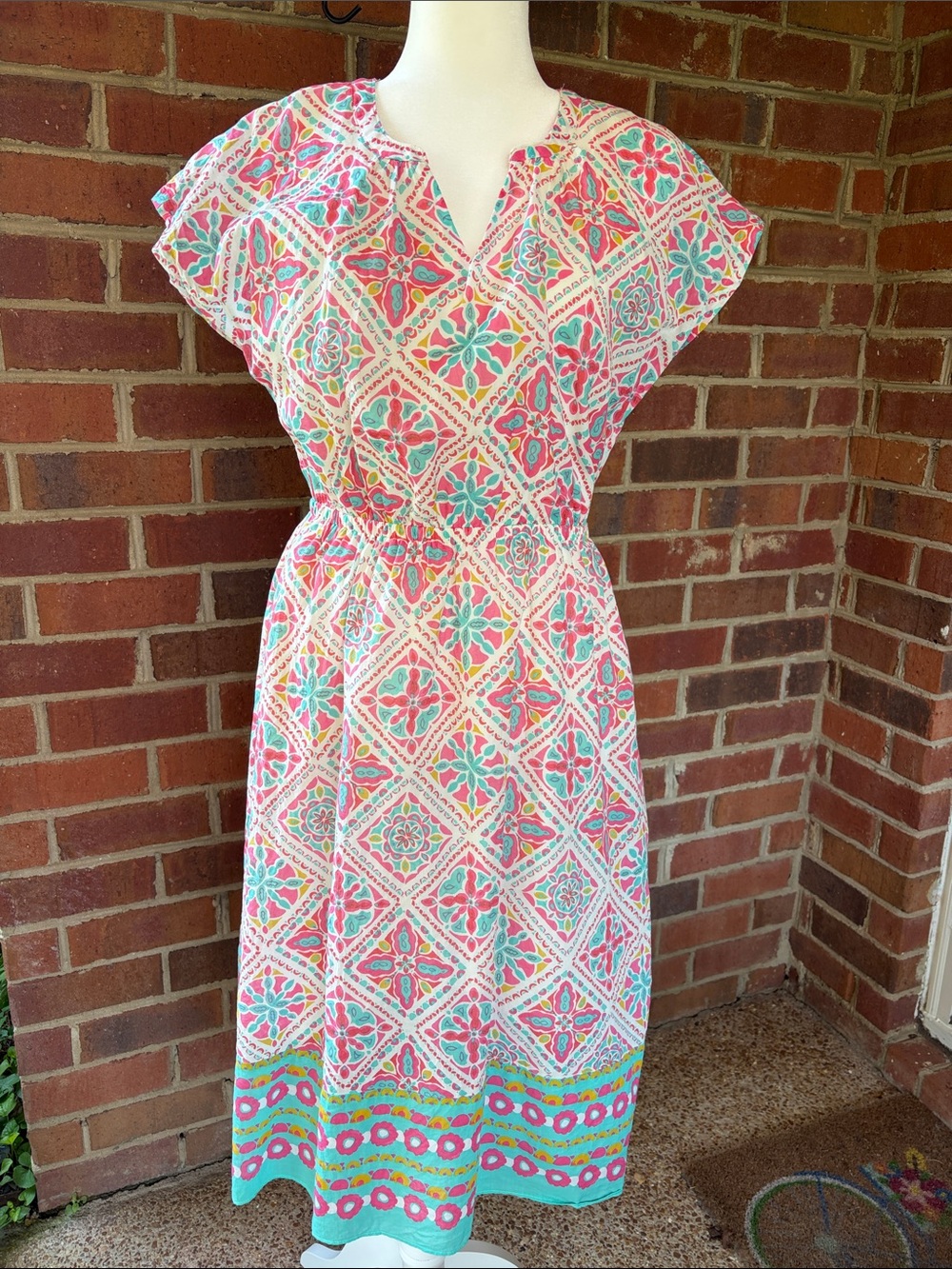 Talbots Pink and Teal Printed V-Neck cotton   Dress